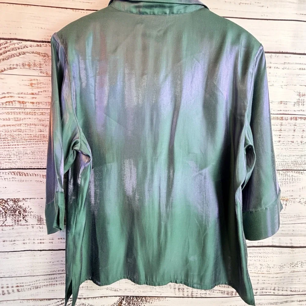 Luminous Silky Blouse XL/18 Teal Green Blue Purple 3/4 Sleeve Collared Statement